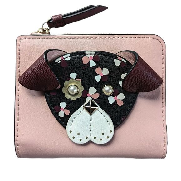 Kate Spade New York Pink Leather Cherrywood L-Zip Bifold Floral Pup wallet - Picture 1 of 10